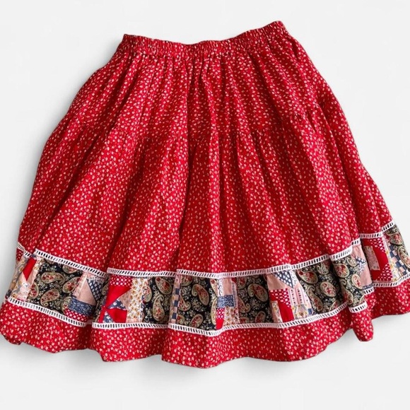 Vintage Red Floral Print Patchwork Western Prairie Square Dance Skirt - Picture 7 of 8